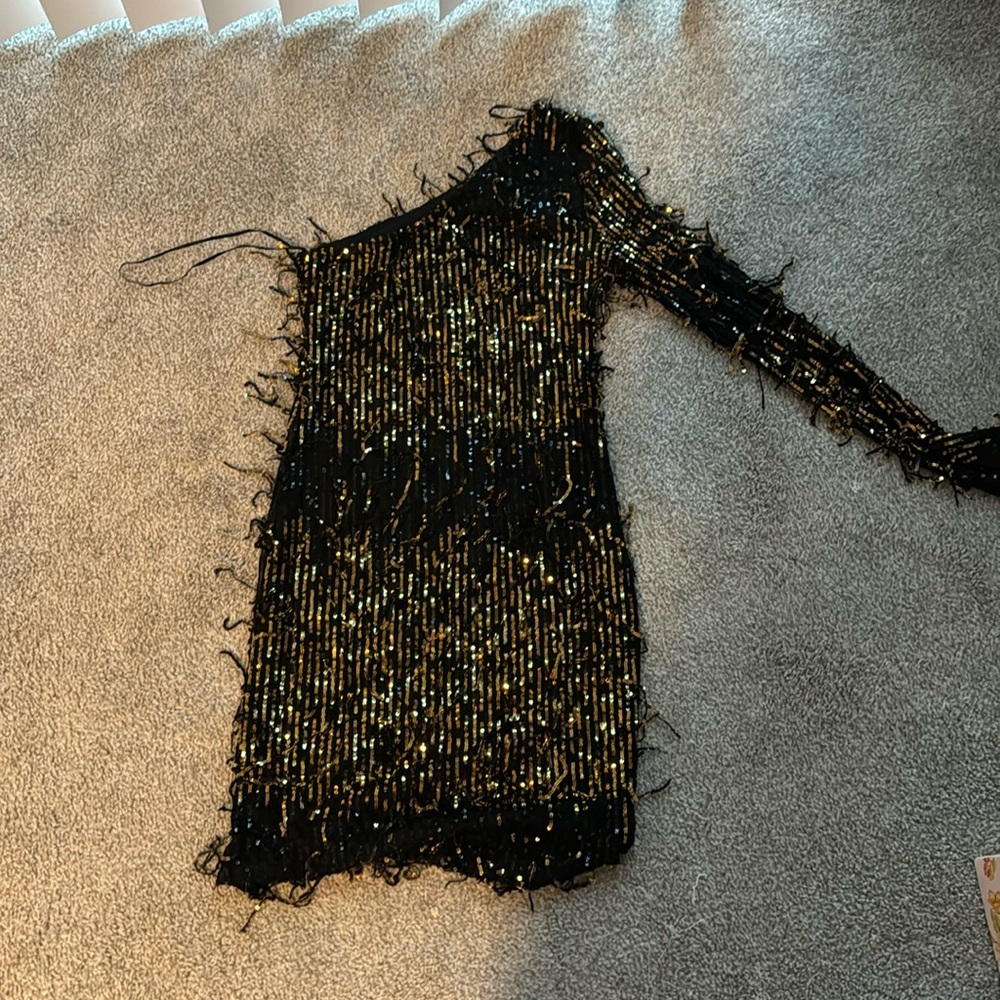 Worn once one shoulder dress black and gold